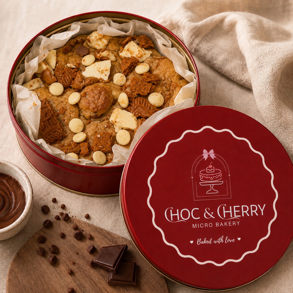 Biscoff Macadamia Cookie Tin from Choc & Cherry